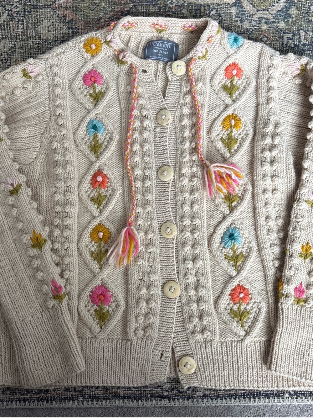 Sundance Embroidered Cream Button-Up Floral Cardigan